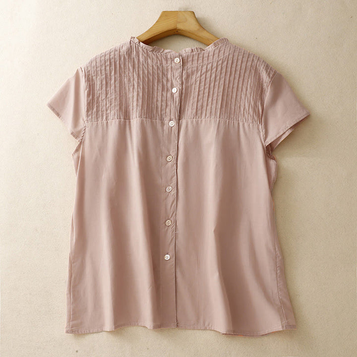 Buddha Stones Summer Pure Color Ruffled Pleated Design Women's Short Sleeve Shirt - DarkSalmon - US6，UK/AU10，EU38 (2XL) - image 0