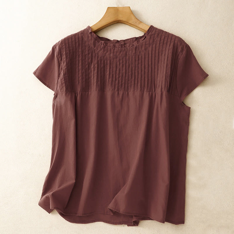 Buddha Stones Summer Pure Color Ruffled Pleated Design Women's Cotton Short Sleeve Shirt - DarkRed - US12，UK/AU16，EU44 (2XL) - image 15