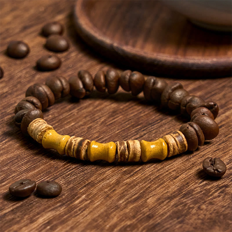 Buddha Stones Handmade Natural Coffee Beans Coconut Shell Bamboo Jade Positive Bracelet - Coffee Beans(Wrist Circumference 14-17cm) - image 1