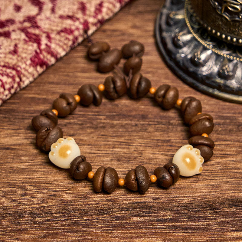 Buddha Stones Handmade Natural Coffee Beans Cat Head Bodhi Seed Claw Paw Peace Bracelet - image 15