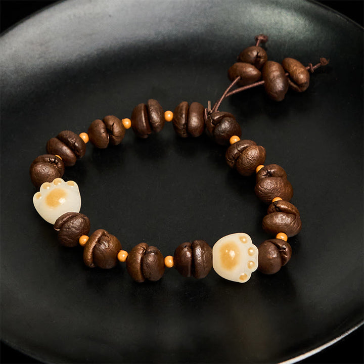 Buddha Stones Handmade Natural Coffee Beans Cat Head Bodhi Seed Claw Paw Peace Bracelet - image 17
