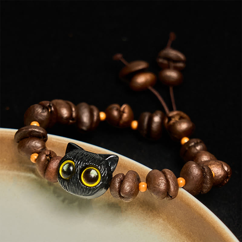 Buddha Stones Handmade Natural Coffee Beans Cat Head Bodhi Seed Claw Paw Peace Bracelet - Black Cat Head(Wrist Circumference 14-17cm) - image 1
