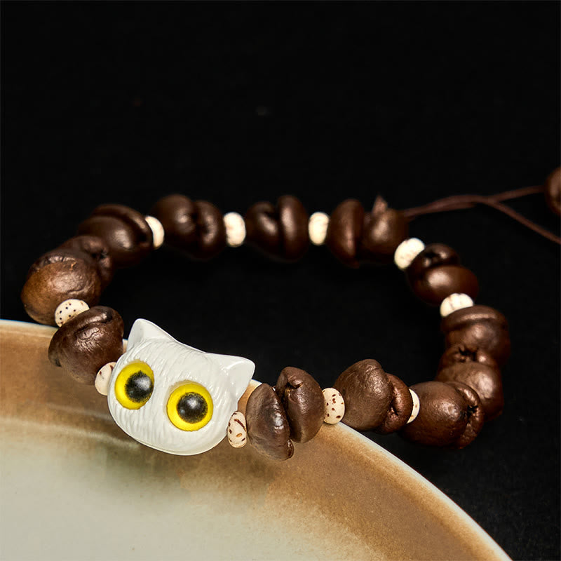 Buddha Stones Handmade Natural Coffee Beans Cat Head Bodhi Seed Claw Paw Peace Bracelet - White Cat Head(Wrist Circumference 14-17cm) - image 8