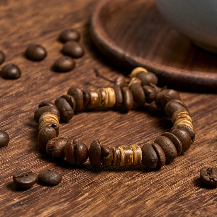 Buddha Stones Handmade Natural Coffee Beans Coconut Shell Happiness Bracelet - image 7