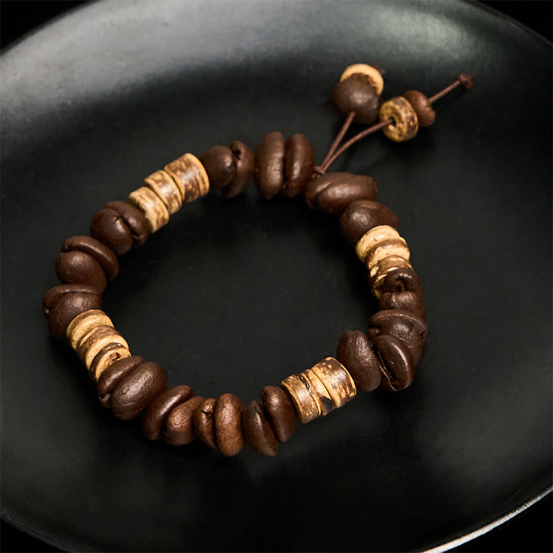Buddha Stones Handmade Natural Coffee Beans Coconut Shell Happiness Bracelet - image 9