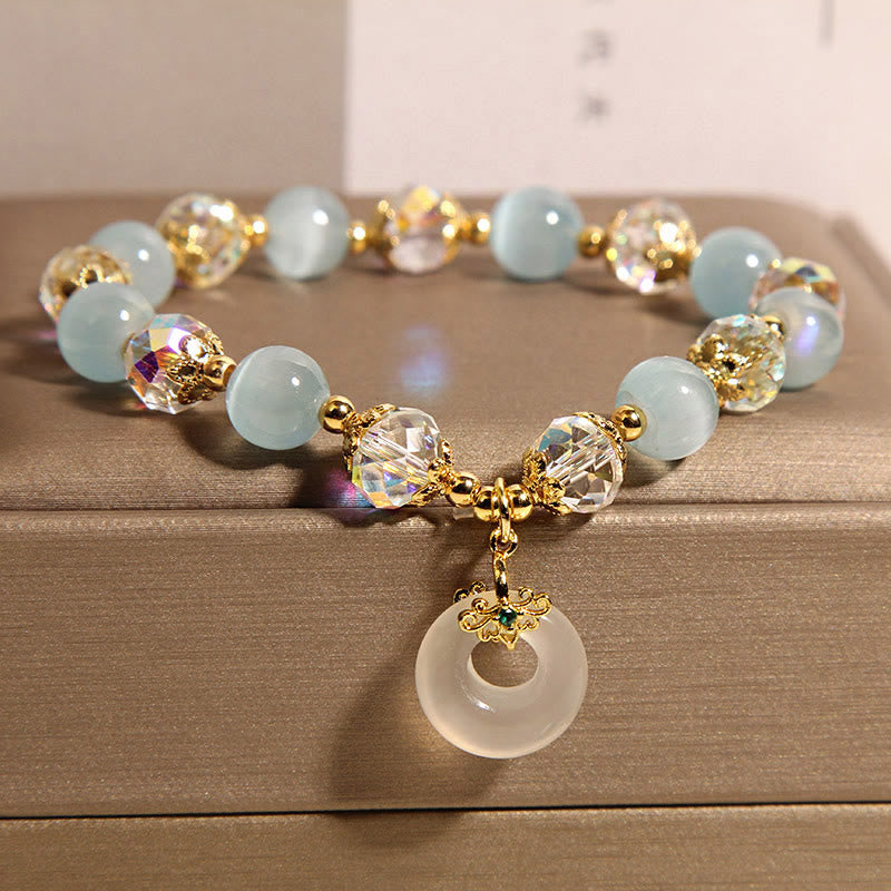Buddha Stones Blue Cat's Eye White Crystal Peace Buckle Meaning Balance Bracelet - image 3