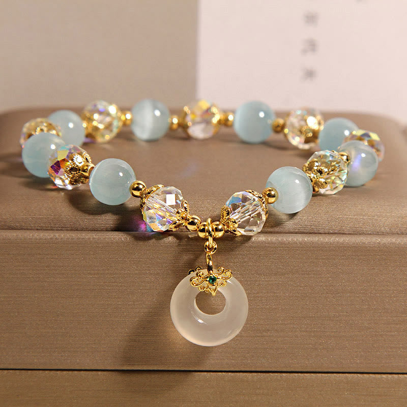 Buddha Stones Blue Cat's Eye White Crystal Peace Buckle Meaning Balance Bracelet - Blue Cat's Eye(Wrist Circumference: 15-19cm) - image 1