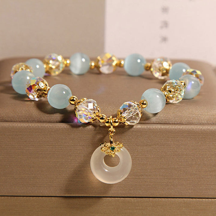 Buddha Stones Blue Cat's Eye White Crystal Peace Buckle Meaning Balance Bracelet - Blue Cat's Eye(Wrist Circumference: 15-19cm) - image 1