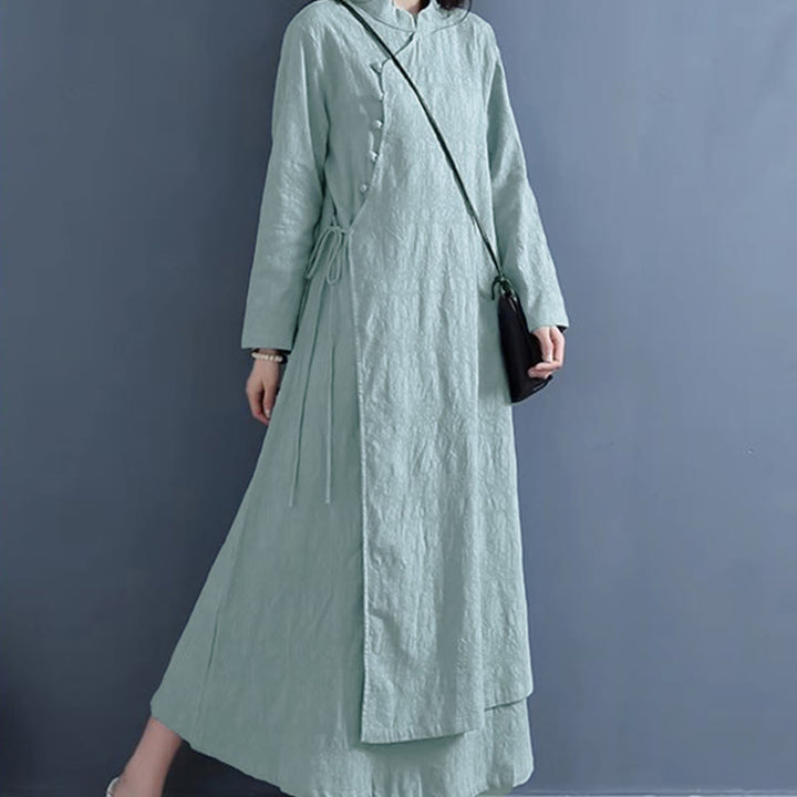 Buddha Stones Spring Casual Plain Frog-Button Design Side Lace-Up Cotton Linen Midi Dress - image 9