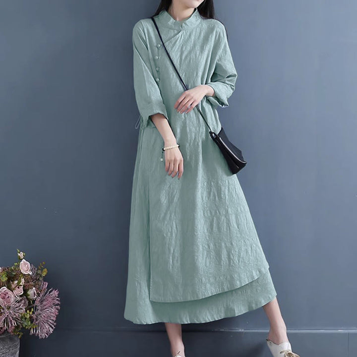 Buddha Stones Spring Casual Plain Frog-Button Design Side Lace-Up Midi Dress - image 8