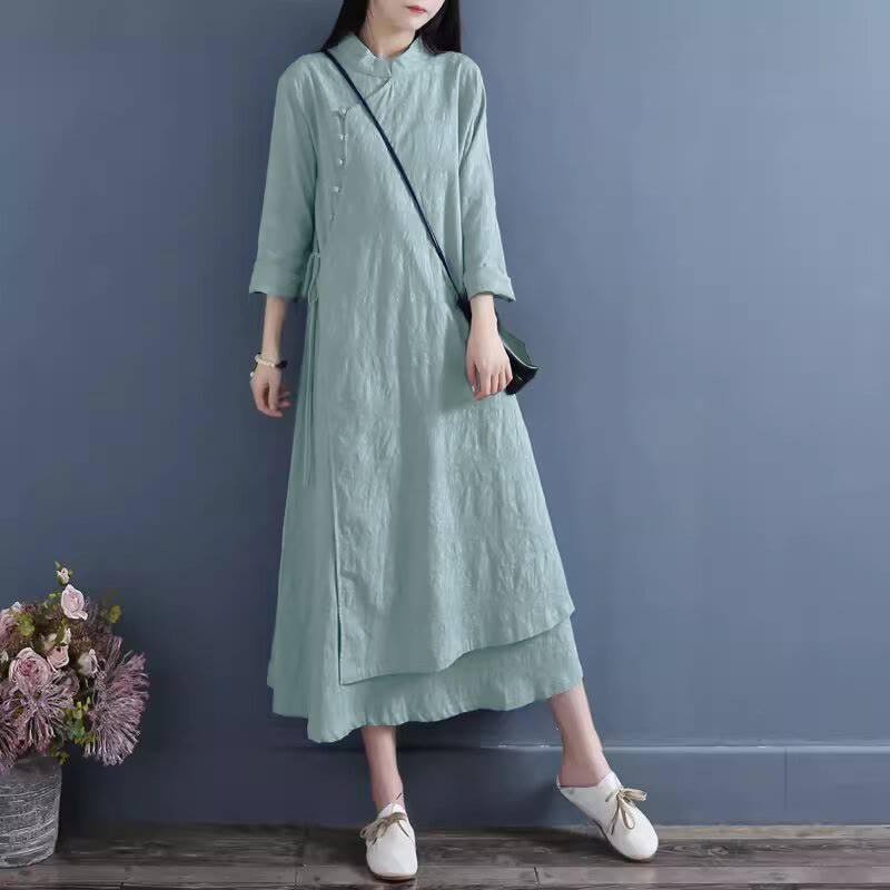 Buddha Stones Spring Casual Plain Frog-Button Design Side Lace-Up Midi Dress - CornflowerBlue - US8-10，UK/AU12-14，EU40-42 (2XL) - image 7