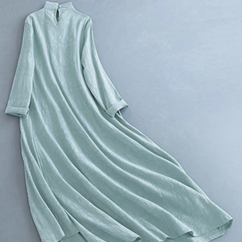 Buddha Stones Spring Casual Plain Frog-Button Design Side Lace-Up Cotton Linen Midi Dress - image 14