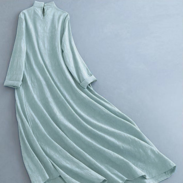 Buddha Stones Spring Casual Plain Frog-Button Design Side Lace-Up Cotton Linen Midi Dress - image 14