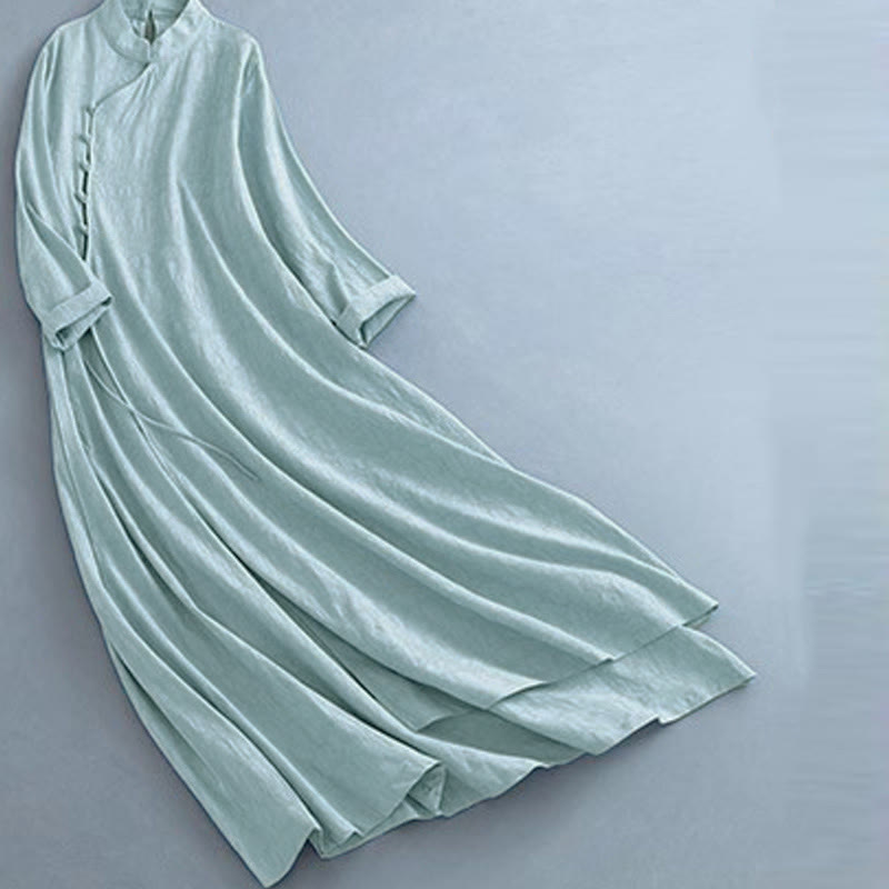 Buddha Stones Spring Casual Plain Frog-Button Design Side Lace-Up Cotton Linen Midi Dress - image 13