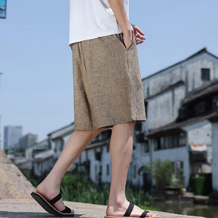 Buddha Stones Weaving Waist Rope Beads Cropped Linen Men's Shorts With Pockets - image 2