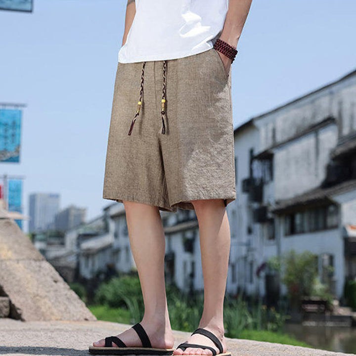 Buddha Stones Weaving Waist Rope Beads Cropped Linen Men's Shorts With Pockets - Tan - US18，UK/AU22，EU50 (5XL) - image 0