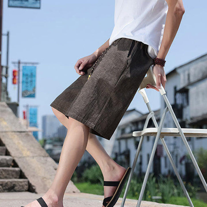 Buddha Stones Weaving Waist Rope Beads Cropped Linen Men's Shorts With Pockets - image 14