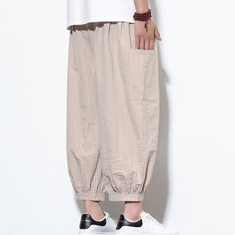 Buddha Stones Casual Striped Men's Cotton 7-8 Length Harem Pants With Pockets - image 1