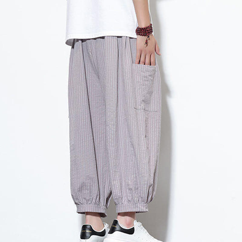 Buddha Stones Casual Striped Men's Cotton 7-8 Length Harem Pants With Pockets - image 9