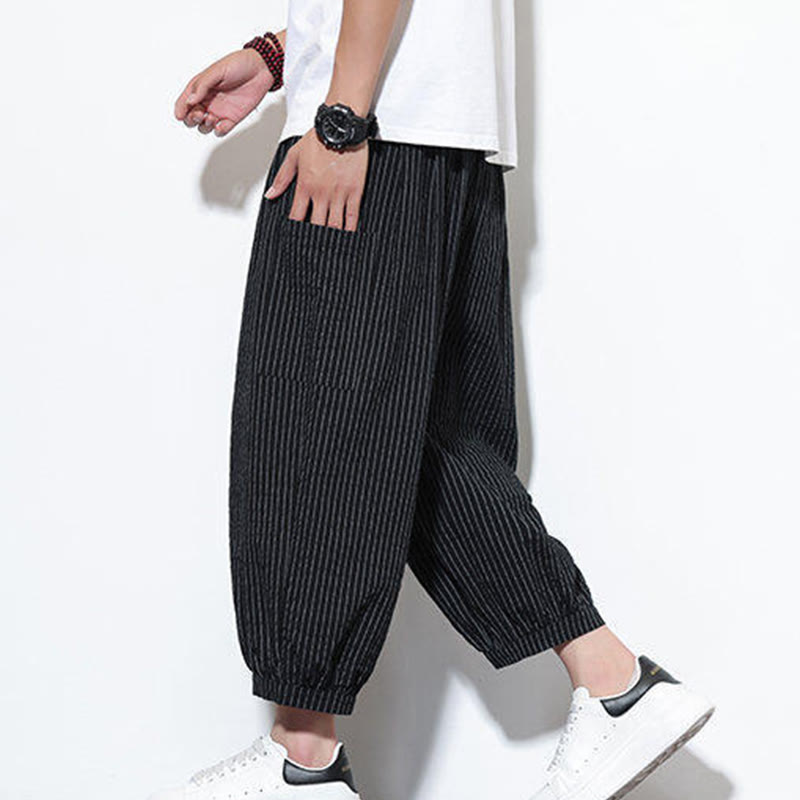 Buddha Stones Casual Striped Men's Cotton 7-8 Length Harem Pants With Pockets - Black - US/UK/AU46，EU56 (5XL) - image 29