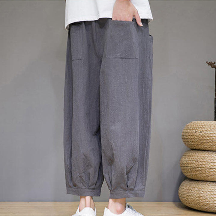 Buddha Stones Casual Plain Men's Cotton 7-8 Length Harem Pants With Pockets - image 4