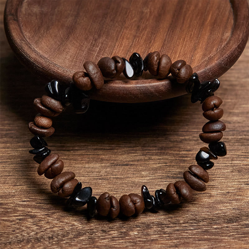 Buddha Stones Natural Coffee Beans Black Obsidian Rutilated Quartz Strength Bracelet - image 2