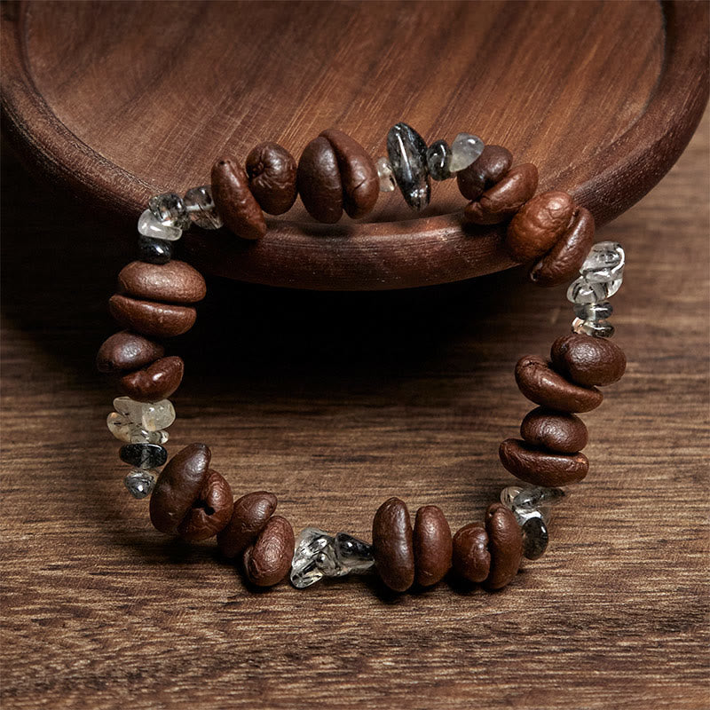 Buddha Stones Natural Coffee Beans Black Obsidian Rutilated Quartz Strength Bracelet - image 8