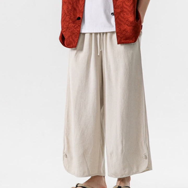 Buddha Stones Casual Loose Frog-Button Plain Men's Cotton Linen 7-8 Length Pants With Pockets - Beige - US/UK/AU46，EU56 (5XL) - image 0