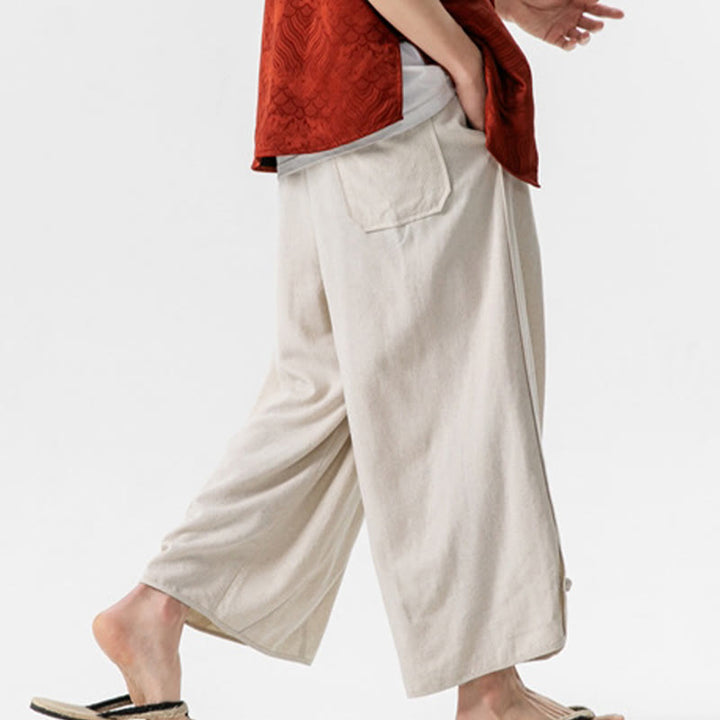 Buddha Stones Casual Loose Frog-Button Plain Men's Cotton Linen 7-8 Length Pants With Pockets - image 4