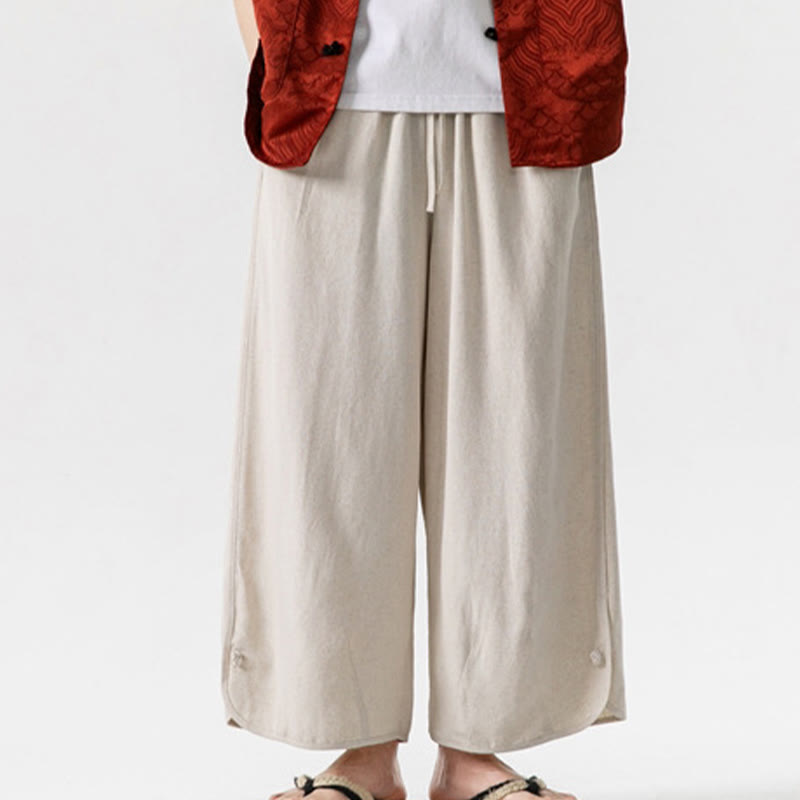 Buddha Stones Casual Loose Frog-Button Plain Men's Cotton Linen 7-8 Length Pants With Pockets - image 6