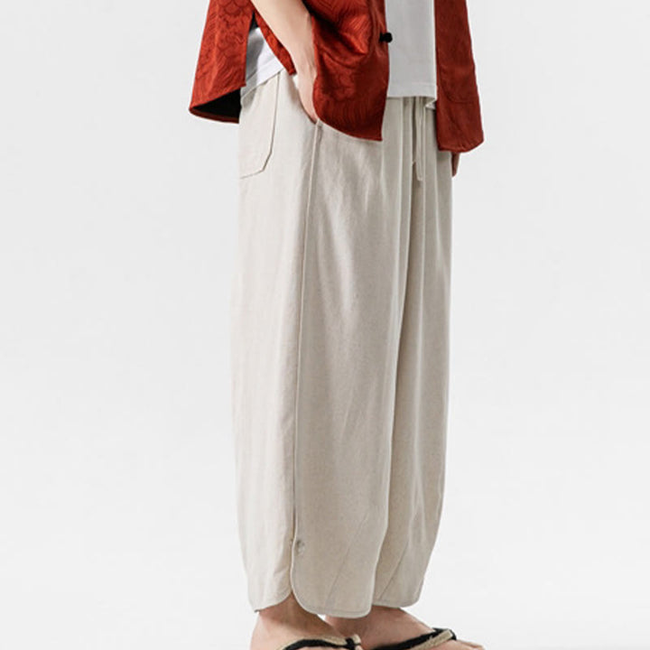 Buddha Stones Casual Loose Frog-Button Plain Men's Cotton Linen 7-8 Length Pants With Pockets - image 3