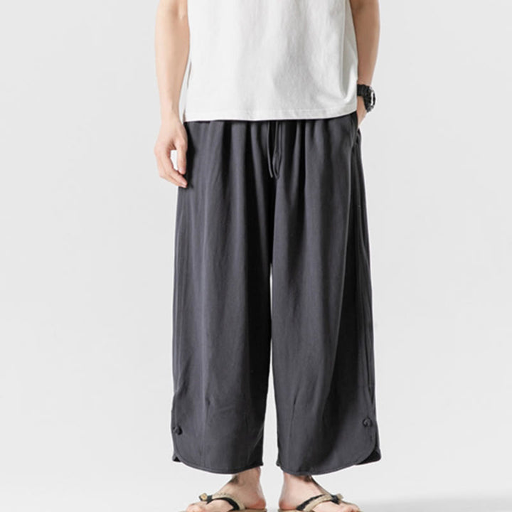 Buddha Stones Casual Loose Frog-Button Plain Men's Cotton Linen 7-8 Length Pants With Pockets - image 31