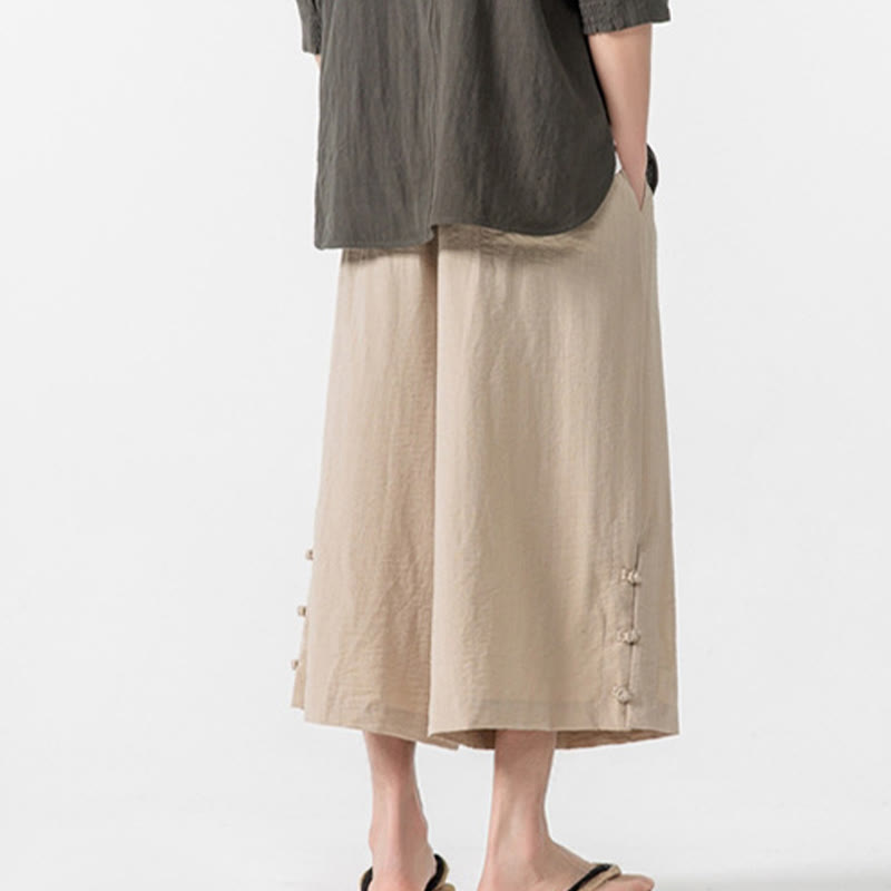 Buddha Stones Casual Loose Frog-Button Plain Men's Cotton 7-8 Length Wide Leg Pants With Pockets - image 4