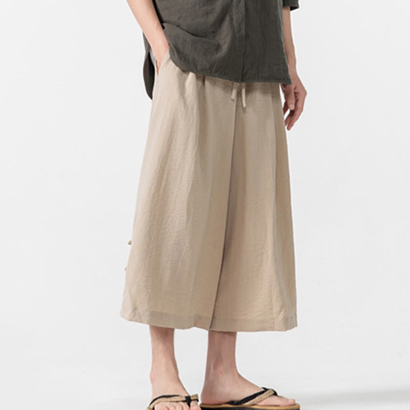 Buddha Stones Casual Loose Frog-Button Plain Men's Cotton 7-8 Length Wide Leg Pants With Pockets - image 2