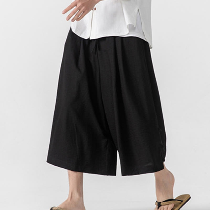 Buddha Stones Casual Loose Frog-Button Plain Men's Cotton 7-8 Length Wide Leg Pants With Pockets - image 23