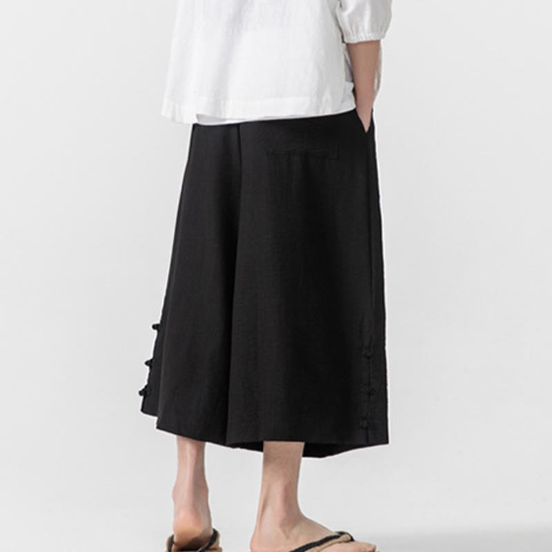 Buddha Stones Casual Loose Frog-Button Plain Men's Cotton 7-8 Length Wide Leg Pants With Pockets - image 19