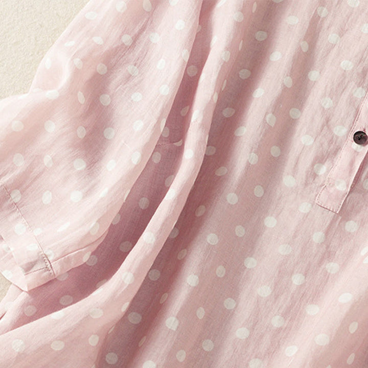 Buddha Stones Spring Polka Dot Button Stand Collar Polyester Midi Dress With Pockets - image 15