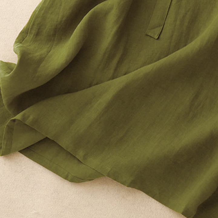 Buddha Stones Spring Plain Crew Neck Lace-up Half Sleeve Cotton Linen Midi Dress - image 10