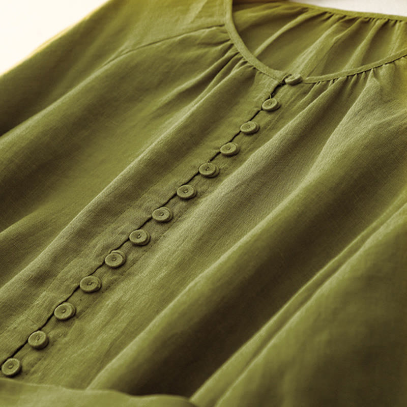 Buddha Stones Spring Plain Crew Neck Lace-up Half Sleeve Cotton Linen Midi Dress - image 4