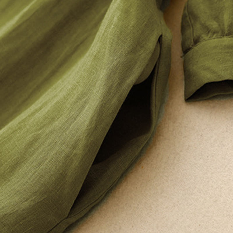 Buddha Stones Spring Plain Crew Neck Lace-up Half Sleeve Cotton Linen Midi Dress - image 11