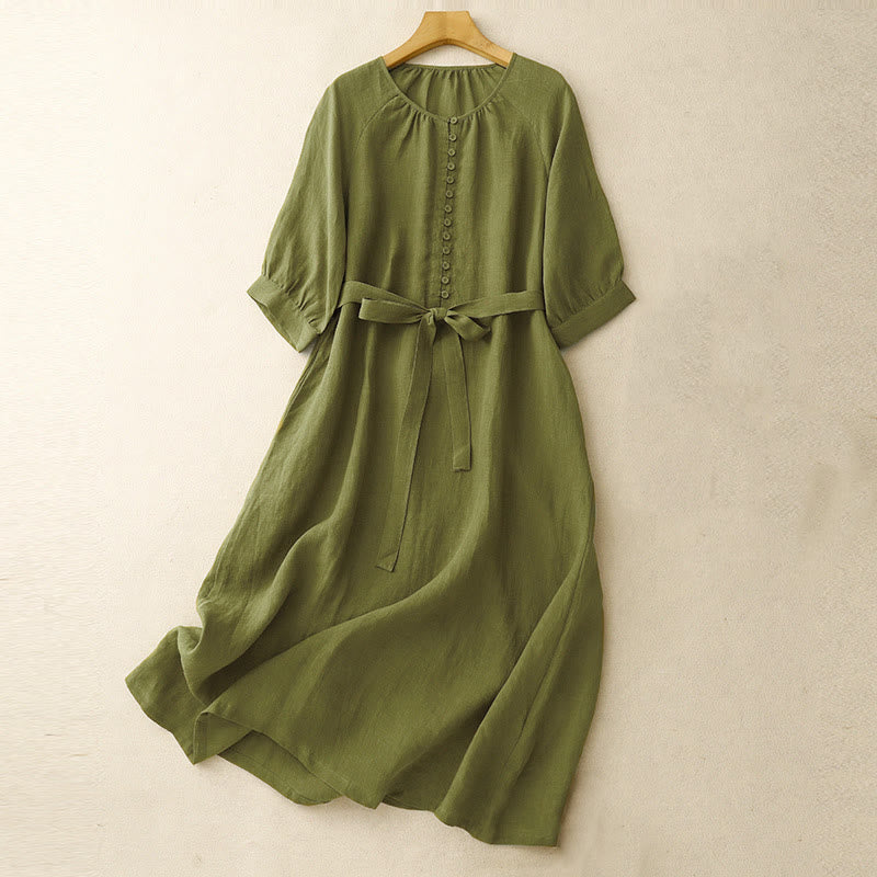 Buddha Stones Spring Plain Crew Neck Lace-up Half Sleeve Cotton Linen Midi Dress - OliveDrab - US14，UK/AU18，EU46 (2XL) - image 0