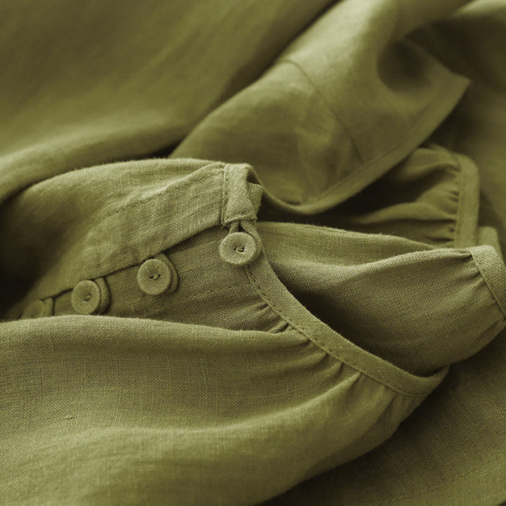 Buddha Stones Spring Plain Crew Neck Lace-up Half Sleeve Cotton Linen Midi Dress - image 7