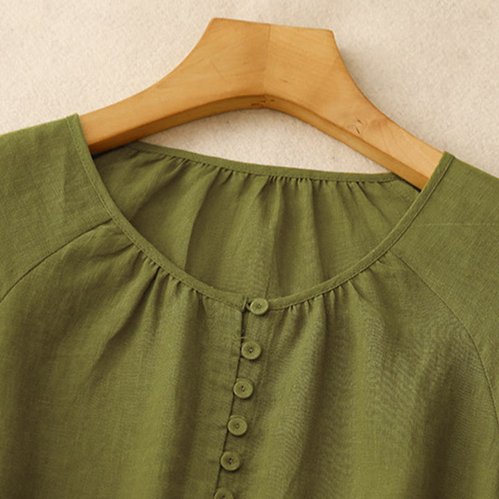 Buddha Stones Spring Plain Crew Neck Lace-up Half Sleeve Cotton Linen Midi Dress - image 2