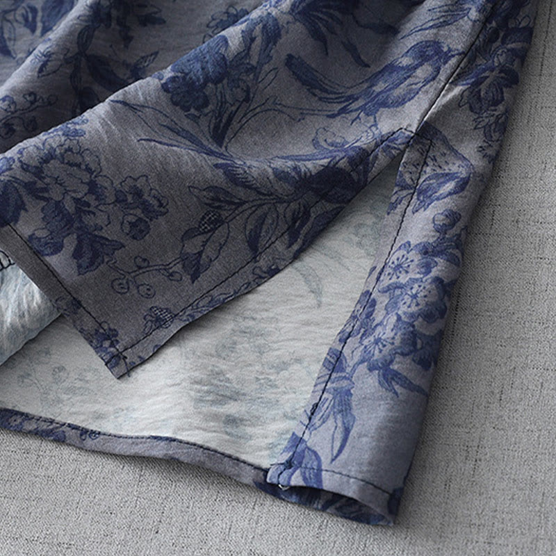 Buddha Stones Flower Leaf Print Frog-Button Half Sleeve Mandarin Collar Cotton Midi Dress - image 7