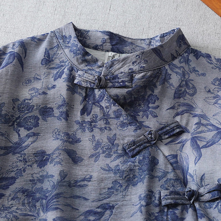 Buddha Stones Flower Leaf Print Frog-Button Half Sleeve Mandarin Collar Cotton Midi Dress - image 3