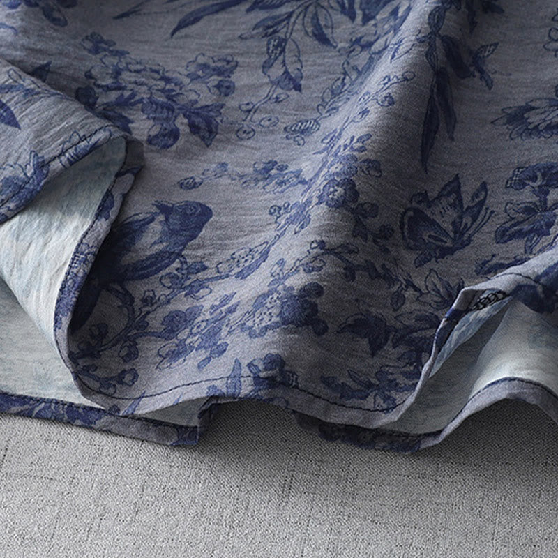 Buddha Stones Flower Leaf Print Frog-Button Half Sleeve Mandarin Collar Cotton Midi Dress - image 2