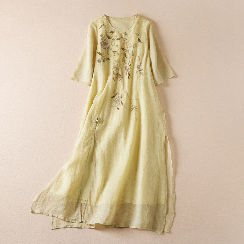 Buddha Stones Embroidered Leaf Crew Neck Half Sleeve Cotton Fiber Midi Dress - Khaki - US8-10，UK/AU12-14，EU40-42 (2XL) - image 0