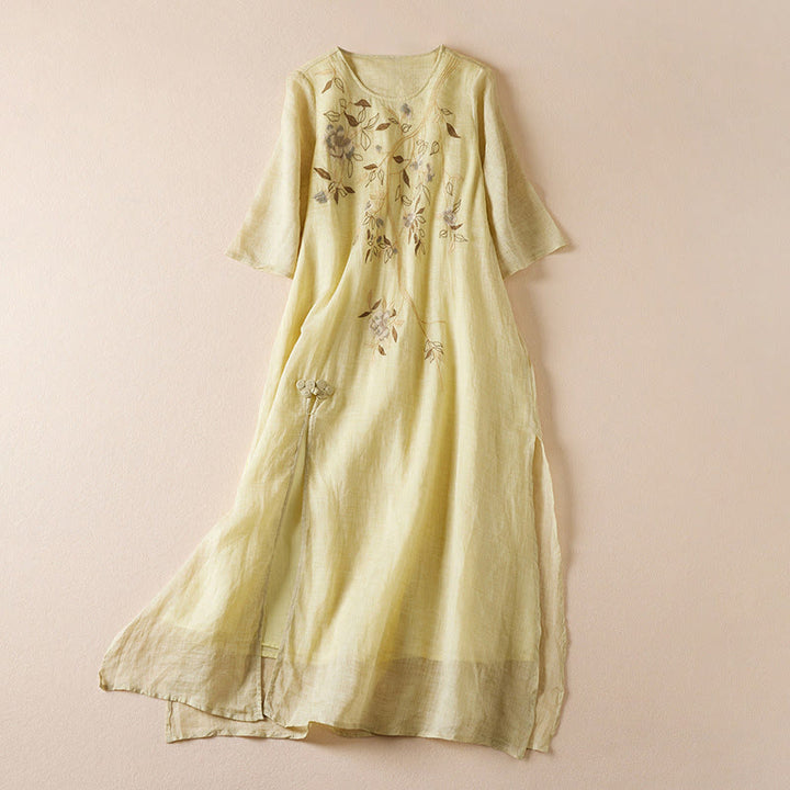 Buddha Stones Embroidered Leaf Crew Neck Half Sleeve Cotton Fiber Midi Dress - Khaki - US8-10，UK/AU12-14，EU40-42 (2XL) - image 0