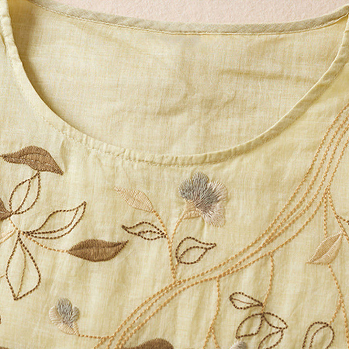 Buddha Stones Embroidered Leaf Crew Neck Half Sleeve Cotton Fiber Midi Dress - image 3