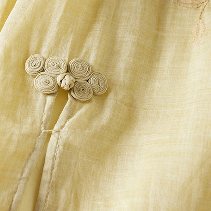 Buddha Stones Embroidered Leaf Crew Neck Half Sleeve Cotton Fiber Midi Dress - image 4